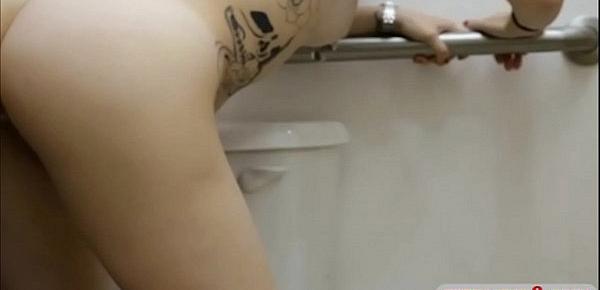  Sweet babe gives head and fucked in pawnshops toilet